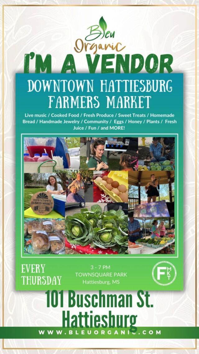 Hello 2025!!!
Comve visit Bleu Organic at Downtown Hattiesburg Farmers Market for our 1st event of the year!

We wil be set up at Town Square Park from 3pm - 7pm 🥳